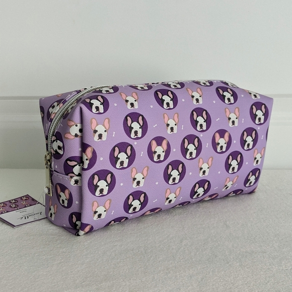 Boston Terrier Frenchie Cosmetic Bag Case Saffiano Vinyl Purple Lined NWT - Picture 3 of 13